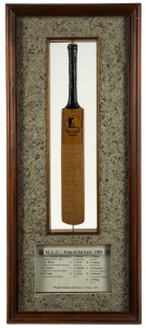 M.C.C. TOUR OF THE FAR EAST 1981: A miniature bat, signed to the front of the blade by all 13 in the touring party; including Titmus, Briers, Cook, Denness and Rhodes. Attractively framed * glazed, overall 76 x 32cm.