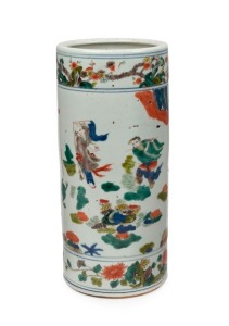 A Chinese famille vert cylindrical porcelain vase, Qing Dynasty, 19th century, Ming mark to base, ​​​​​​​31cm high