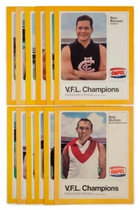 1968 AMPOL 'VFL' CHAMPIONS: complete set of twelve, each with a player illustrated folder (24x20cm) & a 45pm record; comprising of Ron Barassi (Carlton), Alex Ruscuklic (Fitzroy), Ted Whitten (Footscray), Doug Wade (Geelong), Hassa Mann (Melbourne), Lawrie Dwyer (North Melbourne), Royce Hart (Richmond), Carl Ditterich (St Kilda), Barry Davis (Essendon), Len Thompson (Collingwood), Peter Hudson (Hawthorn) & Bobby Skilton (South Melbourne); (12).