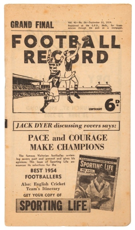 The 1954 GRAND FINAL "FOOTBALL RECORD"; Footscray defeated Melbourne by 51 points, to win its first VFL Grand Final in front of 80,897 fans at the MCG. Grand Final Records are surprisingly scarce. Jack Collins kicked 7 of Footscray's 15 goals and Charlie