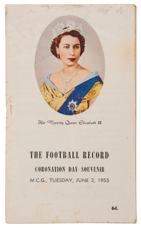 1953 "The Football Record, Coronation Day Souvenir, MCG, Tuesday, June 2, 1953", Lightning Premiership featuring all 12 teams, with attractive colour cover. Richmond played St.Kilda in the final.