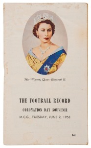 1953 "The Football Record, Coronation Day Souvenir, MCG, Tuesday, June 2, 1953", Lightning Premiership featuring all 12 teams, with attractive colour cover. Richmond played St.Kilda in the final.