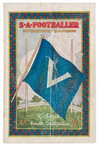 1926 "The S.A. FOOTBALLER INTERSTATE SOUVENIR" for the Victoria v South Australia game at Adelaide Oval, July 1926; 32pp + covers, with extensive details of the players, who included Gordon and Syd Coventry, Roy Cazaly, and Cliff Rankin for Victoria, and Frank Golding, Walter Scott, Roy Bent and Bruce McGregor for South Australia. Victoria defeated South Australia 11.15 (81) to 4.5 (29).