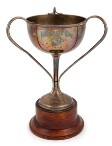"THE ADELAIDE CUP, 1928" Silver trophy mounted on a wooden plinth and engraved "WON BY MESS.RS H.P. WATSONS & R.C. BAKERS c.g. 'altimeter' Time only 2 min, 44 sec. (RECORD)" Overall height 26cm