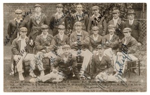 THE AUSTRALIAN TEST TEAM IN ENGLAND, 1921 'The Australian Team, 1921' fully signed postcard (by Bolland), with all fifteen players (in the touring party) signatures in ink, namely Bardsley, Ryder, Hendry, Gregory, Mayne, Andrews, Smith, Mailey, McDonald, Collins, Armstrong, Macartney, Carter, Taylor and Pellew. Superb condition.