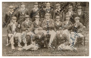 THE AUSTRALIAN TEST TEAM IN ENGLAND, 1921  'The Australian Team, 1921' fully signed postcard (by Bolland), with all fifteen players (in the touring party) signatures in ink, namely Bardsley, Ryder, Hendry, Gregory, Mayne, Andrews, Smith, Mailey, McDonald,