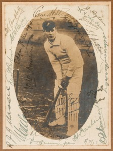 THE VICTOR TRUMPER BENEFIT MATCH, FEBRUARY 1913 An original photograph of Trumper in his familiar stance at the wicket, laid down on card and with the original signatures of members of Trumper's New South Wales XI and the Rest of Australia XI led by Clem Hill. Trumper scored 126 runs and the game ended in a draw.