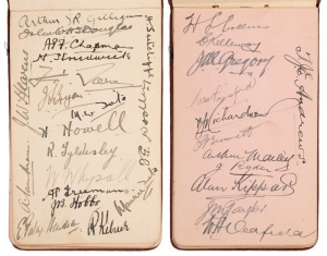 1924-25 ASHES SERIES IN AUSTRALIA A small autograph book with one page devoted to the English Touring party of 19 (including players who did not appear in the 5 Tests) and the following page, signed by the 12 Australian players selected for the Fifth Test, won by Australia by 307 runs. This was Grimmett's match; taking 5 for 45 in the first innings and 6 for 37 in the second. Australia won the Ashes 4-1. There are also a few other autographs on subsequent pages, incl. Hobbs, Fingleton, etc.