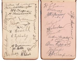 1924-25 ASHES SERIES IN AUSTRALIA A small autograph book with one page devoted to the English Touring party of 19 (including players who did not appear in the 5 Tests) and the following page, signed by the 12 Australian players selected for the Fifth Test