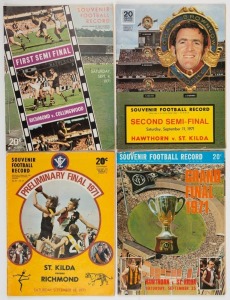 THE 1971 FINAL SERIES: First Semi-Final (Richmond defeats Collingwood), Second Semi-Final (Hawthorn defeats St. Kilda), the Preliminary Final (St. Kilda defeats Richmond by 30 points), and the Grand Final (Hawthorn defeats St. Kilda by 7 points). Hawthorn, which finished on top of the ladder with 19 wins from 22 matches, won their 2nd Premiership in front of more than 118,000 fans. Ian Stewart, playing for Richmond, won his 3rd Brownlow medal. Peter Hudson kicked 150 goals.