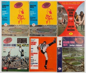 THE EXPANDED 1972 FINALS SERIES: Elimination Match (St. Kilda defeats Essendon), Qualifying Match (Richmond defeats Collingwood), Second Semi-Final (Richmond draws with Carlton on 61 points each), Second Semi-Final Replay (Richmond defeats Carlton by 41 points), the Preliminary Final (Carlton defeats St. Kilda by 16 points), Grand Final (Carlton defeats Richmond by 27 points). (6 items).