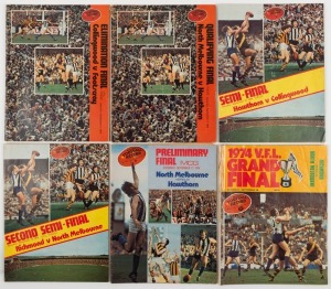 THE EXPANDED 1974 FINALS SERIES: Elimination Final (Collingwood defeats Footscray), Qualifying Final (North Melbourne defeats Hawthorn), Semi-Final (Hawthorn defeats Collingwood), Second Semi-Final (Richmond defeats North Melbourne), the Preliminary Final (North Melbourne defeats Hawthorn by 5 points), Grand Final (Richmond defeats North Melbourne by 41 points). (6 items).