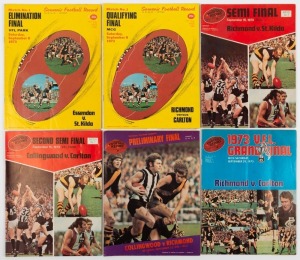 THE EXPANDED 1973 FINALS SERIES: Elimination Final (St. Kilda defeats Essendon), Qualifying Final (Carlton defeats Richmond), First Semi-Final (Richmond defeats St. Kilda), Second Semi-Final (Carlton defeats Collingwood), the Preliminary Final (Richmond defeats Collingwood by 7 points), Grand Final (Richmond defeats Carlton by 30 points). (6 items).
