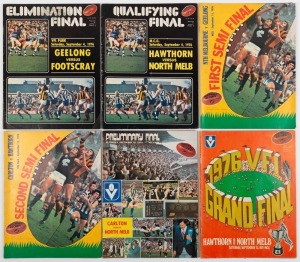 THE EXPANDED 1976 FINALS SERIES: Elimination Final (Geelong defeats Footscray), Qualifying Final (Hawthorn defeats North Melbourne), First Semi-Final (North Melbourne defeats Geelong), Second Semi-Final (Hawthorn defeats Carlton), the Preliminary Final (North Melbourne defeats Carlton by1 point), Grand Final (Hawthorn defeats North Melbourne by 30 points). (6 items).Hawthorn won their 3rd Premiership in front of 110,000 fans. Graham Moss of Essendon won the Brownlow Medal.