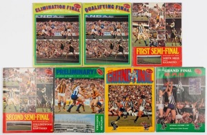 THE EXPANDED 1977 FINALS SERIES: Elimination Final (Richmond defeats South Melbourne), Qualifying Final (Hawthorn defeats North Melbourne), First Semi-Final (North Melbourne defeats Richmond), Second Semi-Final (Collingwood defeats Hawthorn by 2 points), the Preliminary Final (North Melbourne defeats Hawthorn by 67 points), Grand Final (Collingwood draws with North Melbourne on 76 points each), and the Grand Final REPLAY (won by North Melbourne by 27 points). (7 items).