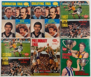 THE EXPANDED 1978 FINALS SERIES: Elimination Final (Carlton defeats Geelong), Qualifying Final (Hawthorn defeats Collingwood), First Semi-Final (Collingwood defeats Carlton), Second Semi-Final (Hawthorn defeats North Melbourne), the Preliminary Final (North Melbourne defeats Collingwood), Grand Final (Hawthorn defeats North Melbourne), (6 items). This was Hawthorn's 4th Premiership. The Brownlow went to Malcolm Blight of North Melbourne.
