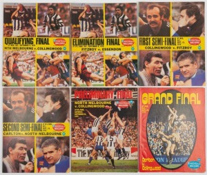 THE EXPANDED 1979 FINALS SERIES: Elimination Final (Fitzroy defeats Essendon), Qualifying Final (North Melbourne defeats Collingwood), First Semi-Final (Collingwood defeats Fitzroy), Second Semi-Final (Carlton defeats North Melbourne), the Preliminary Final (Collingwood defeats North Melbourne), Grand Final (Carlton defeats Collingwood by 5 points), (6 items). This was Carlton's 12th Premiership. The Brownlow went to Peter Moore of Collingwood.
