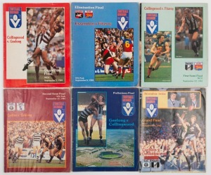 THE EXPANDED 1981 FINALS SERIES: Elimination Final (Fitzroy defeats Essendon), Qualifying Final (Geelong defeats Collingwood), First Semi-Final (Collingwood defeats Fitzroy by 1 point), Second Semi-Final (Carlton defeats Geelong), the Preliminary Final (Collingwood defeats Geelong by 7 points), Grand Final (Carlton defeats Collingwood by 20 points), (6 items).This was Carlton's 13th Premiership. The Brownlow went to Bernie Quinlan (Fitzroy) and Barry Round (South Melbourne).