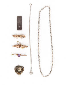 VARIOUS: Three Victorian gold bar brooches with stones; sterling silver ingot; pendant; silver chain and necklace with stone pendant.