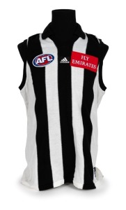Nathan Buckley’s Collingwood guernsey 2000. Home guernsey made by Adidas ("XX Large"), with AFL Emirates and adidas branding in addition to a combined label sewn on at lower left. Match worn by Buckley during the season. Unframed.
