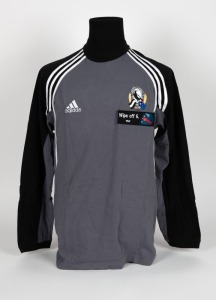 Collingwood T-shirt/training top, early 2000s. Grey shirt with adidas logo on right breast, and Collingwood logo on left breast, above uncommon ‘Wipe Off 5" logo. White stripes and black sections on sleeves/shoulders.