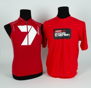 Channel 7 branded 2XU sleeveless running shirt worn by Nathan Buckley when competing in the BRW Triathlon series in 2009. Bright red with Channel 7 logo on front and ‘Go Seven’ on the back. Together with red T-shirt given to Buckley for finishing the event. (2 items).