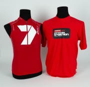 Channel 7 branded 2XU sleeveless running shirt worn by Nathan Buckley when competing in the BRW Triathlon series in 2009. Bright red with Channel 7 logo on front and &lsquo;Go Seven&rsquo; on the back. Together with red T-shirt given to Buckley for finishing the even