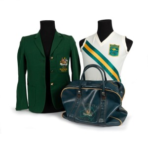 MAUREEN CAIRD'S 1968 OLYMPIC GAMES 1968 MEXICO CITY Australian Team blazer, Australian Athletics Team singlet and Australian Team carry bag with her initials "M.C." stencilled on the side. (3 items). The blazer, made for the team by "Tee Dee" bears an ad