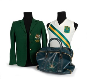 MAUREEN CAIRD'S 1968 OLYMPIC GAMES 1968 MEXICO CITY Australian Team blazer, Australian Athletics Team singlet and Australian Team carry bag with her initials "M.C." stencilled on the side. (3 items). The blazer, made for the team by "Tee Dee" bears an additional sewn-on label with "M. CAIRD" in manuscript.