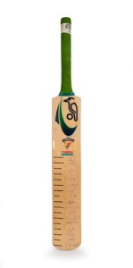 A full-size Kookaburra cricked bat created for the Tasmanian Tigers 2004/2005 team, signed in full by 17 players in the squad, including Captain Ricky Ponting. The Tasmanian team won the final against Queensland by seven wickets