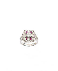 RING: Art Deco style ruby and diamond ring, 18ct white gold.