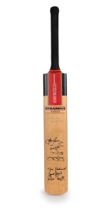 A full-size Gray Nicolls GN TWIN SCOOP cricket bat signed by a circa 1990 Australian Test team including Alan Border, Geoff Marsh, Dean Jones, Steve Waugh, Peter Taylor, Tony Dodermaide, David Boon and Mike Whitney.