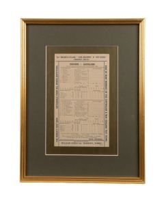 CLARRIE GRIMMETT TAKES 10 FOR 37 IN ONE INNINGS, May 1930,"Yorkshire v Australians. Bramall Lane Ground, May, 10th 12th and 13th, 1930" souvenir first innings scorecard (with advertising for "Maurice Leyland", "Don Bradman" and "Roy Kilner" William Sykes cricket bats, significantly recording Grimmett's incredible achievement in taking all ten of Yorkshire's first innings wickets for just 37 runs in 22.3 overs. The Yorkshire team, which included several Test team players