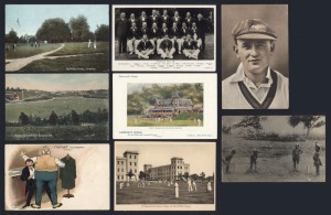 EARLY POSTCARDS: Nice group incl. African children playing "backyard" cricket, cricket grounds, incl. Victoria College Alexandria, The Village Green Langton, Bournville, the 1938 Australian Team, Stan McCabe, etc. (8).