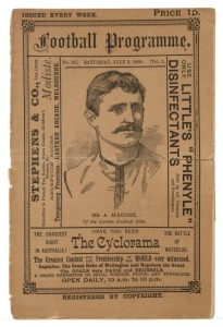 1890 "Football Programme", Vol.2 No.10, for Saturday July 5, 1890 with details of matches between Victoria v South Australia, Carlton v Footscray, North Melbourne v Fitzroy and Port Melbourne v Williamstown; a Premiership ladder with 12 teams, and a note that Geelong is visiting South Australia while South Melbourne has just returned from Sydney. The front cover with an engraving of Mr. A. McKenzie of Carlton, surrounded by various advertisements.