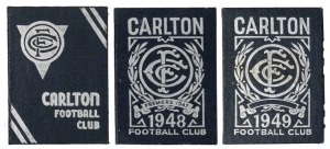 1946, 1948 & 1949 Carlton membership season tickets, blue/black buckram covers with silver club logos and text; the interior surfaces with printed details of the club leadership, the fixtures for the club and holes punched for each game attended, each overall 8 x 11.8cm when opened out. (3).