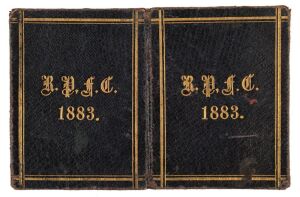 ROYAL PARK FOOTBALL CLUB: 1883 Member's Ticket in blue leather with 'R.P.F.C./1883' and borders in gilt on front and reverse. The interior page lists fixtures for 'FIRST TWENTY' & 'SECOND TWENTY', the inside back cover a full printed page with details of the club Patrons, Vice-Presidents, General Committee and Match Committee. The inside front cover provides room for the membership number ("51"), member's name (illegible), and that of the Hon. Sec. (A.Warner).
