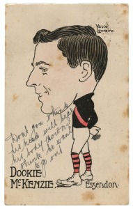 Rare Essendon Footballer caricature postcard by Vasco Loureiro: 1905-06 "Our Footballers - Series No.1" picture postcard depicting Dookie McKenzie of Essendon in caricature: postally used (20th June 1905) from Melbourne to Sydney 