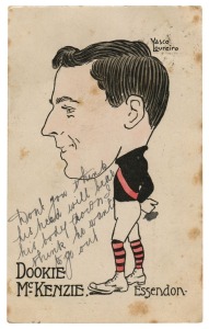 Rare Essendon Footballer caricature postcard by Vasco Loureiro: 1905-06 "Our Footballers - Series No.1" picture postcard depicting Dookie McKenzie of Essendon in caricature: postally used (20th June 1905) from Melbourne to Sydney
