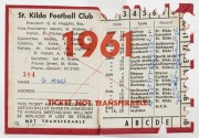 ST. KILDA: 1961 Member's Season Ticket (#384), with Fixture List, details of the Club Leadership & holes punched for each game attended; issued in the name of G. Moss. St Kilda finished in 3rd position on the ladder in 1961 with 11 wins and 7 losses. The - 2