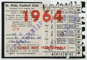 ST. KILDA: 1964 Member's Season Ticket (#274), with Fixture List, details of the Club Leadership & holes punched for each game attended; issued in the name of G. Moss. Additionally hand-stamped "COMPLEMENTARY".&nbsp; - 2