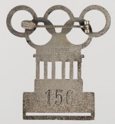 1936 BERLIN OLYMPICS Referee or Judge's Badge in silvered bronze, 45 x 42cm, made by L. Chr. Lauer, Nurnberg-Berlin and designed by Walter Raemisch; inscribed RICHTER, numbered "156" on reverse, with clip mechanism intact. Lacks ribbon.The design combines - 2