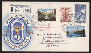 MELBOURNE OLYMPICS: 1956 (Nov. 21) registered souvenir envelope with complete Olympics set of 4 stamps tied by MAIN STADIUM (PRESS) "'21NOV/1956" datestamps with matching special registration label numbered "0760" from the temporary post office at the M.C.G., very fine condition.