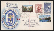 MELBOURNE OLYMPICS: 1956 (Nov. 21) registered souvenir envelope with complete Olympics set of 4 stamps tied by MAIN STADIUM (PRESS) "'21NOV/1956" datestamps with matching special registration label numbered "0760" from the temporary post office at the M.C