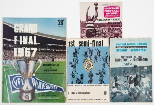 THE 1967 FINALS SERIES: First Semi-Final (Geelong defeats Collingwood); Second Semi-Final (Richmond defeats Carlton); the Preliminary Final (Geelong defeats Carlton) and the Grand Final (Richmond defeats Geelong by 9 points). (4 items). The Grand Final, Richmond's 6th Premiership (its first since 1943), was played in front of over 109,000 fans. Ross Smith of St. Kilda won the Brownlow.