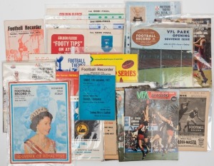 A range of VFL, AFL, VFA and other match programmes including June 1963 Victoria v South Australia, 1963, 1964 and 1965 Semi-Final "Records" featuring Geelong; June 1964 Victoria v Western Australia; April 1970 Fitzroy v Richmond "Royal Visit" game; April 1970 Fitzoy v Geelong VFL Park Opening game; June 1971 Victoria v South Australia; various VFA Grand Final Football Recorders, etc. (25 items).