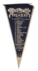 1938 CARLTON PREMIERS pennant, listing the whole team; approx. 42cm long.Carlton won the Grand Final 15.10 (100), defeating Collingwood (13.7 (85).