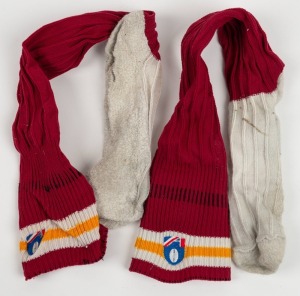 Nathan Buckley’s Brisbane Bears socks from the 1993 season. Maroon with white and yellow stripes at the top, and AFL logo.