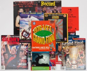 A small collection of Football Records, including Grand Final editions for 1976, 1990, 1993, & 2000. Plus other similar publications of the period, mostly with an Essendon focus. Together with a Weg poster commemorating the 2007 last game for Kevin Sheedy and James Hird (total 14 items)