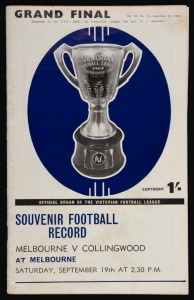 1964 GRAND FINAL "Football Record". Melbourne defeated Collingwood by 4 points in front of more than 102,000 fans. Melbourne were competing in the finals for the 11th consecutive season. They were also playing in their 8th Grand Final in 11 seasons. It would be the last Premiership won by Melbourne until 2021.